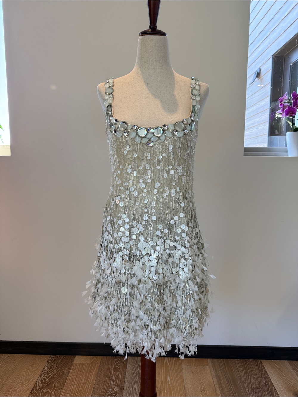 Jenny Packham Silver Sequin & Feather Mini Dress